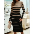 thumbnail image 4 of Female Fashion Striped Dress Long Sleeve Crew Neck Bodycon Midi Ribbed Knit Slim Fit Sweater Dress Black XL, 4 of 8