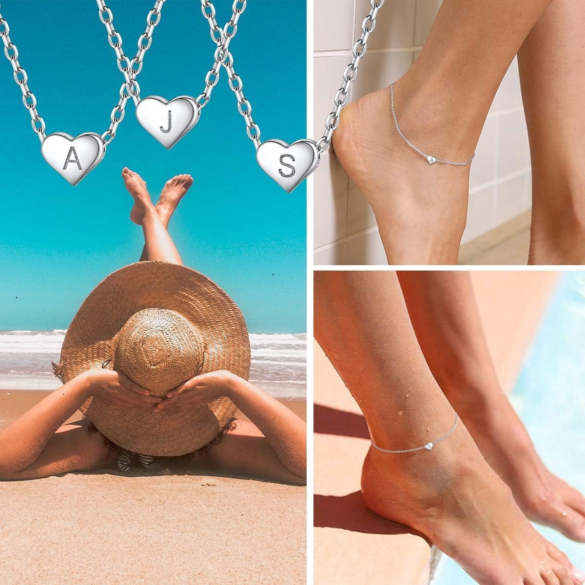 ChicSilver Anklets for Women 925 Sterling Silver Dainty Heart Initial A-Z Ankle Foot Jewelry Summer Graduation Gifts