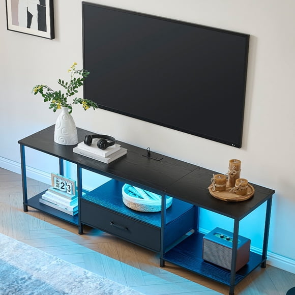 Mueble para TV Estilo Industrial Negro de 1.6 m, con luz LED, tomacorrientes y puertos USB