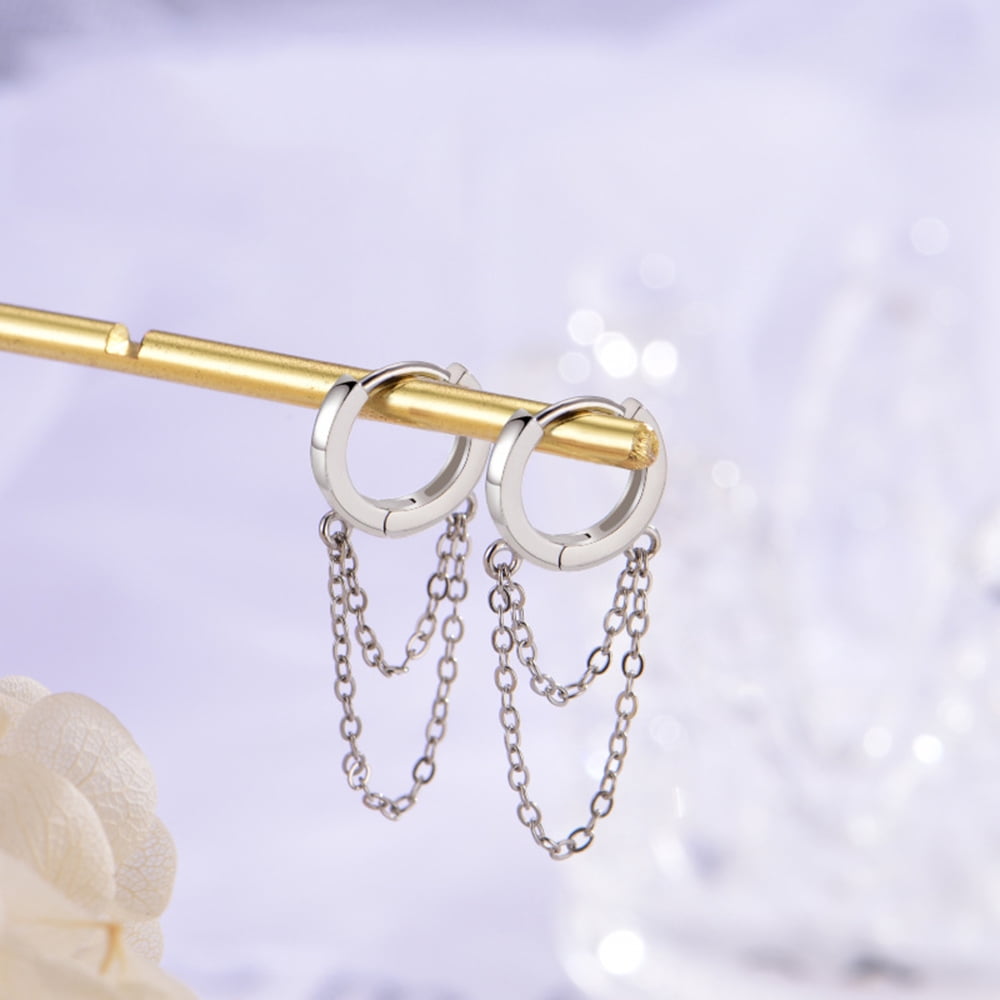 Tassel Chain Dangle Small Hoop Earrings Sterling Silver for Women Girls