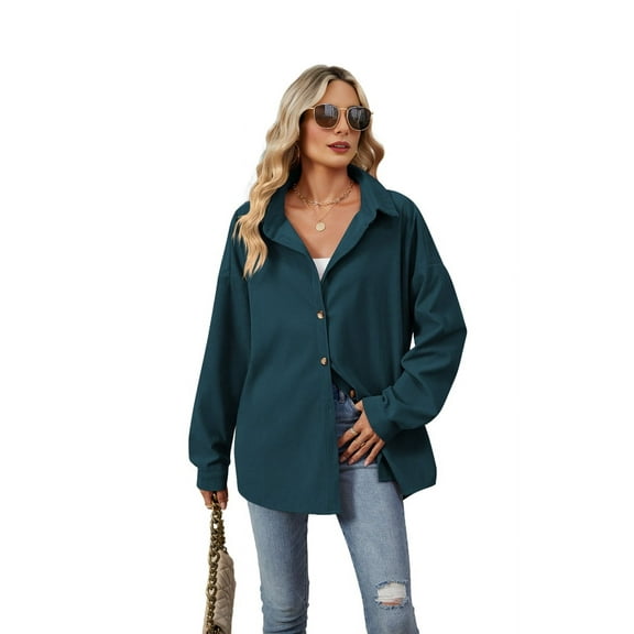 Waffle Knit Button Down Shirts for Women Dressy Casual Work Tops Long Sleeve Loose Fit Shacket Blue M