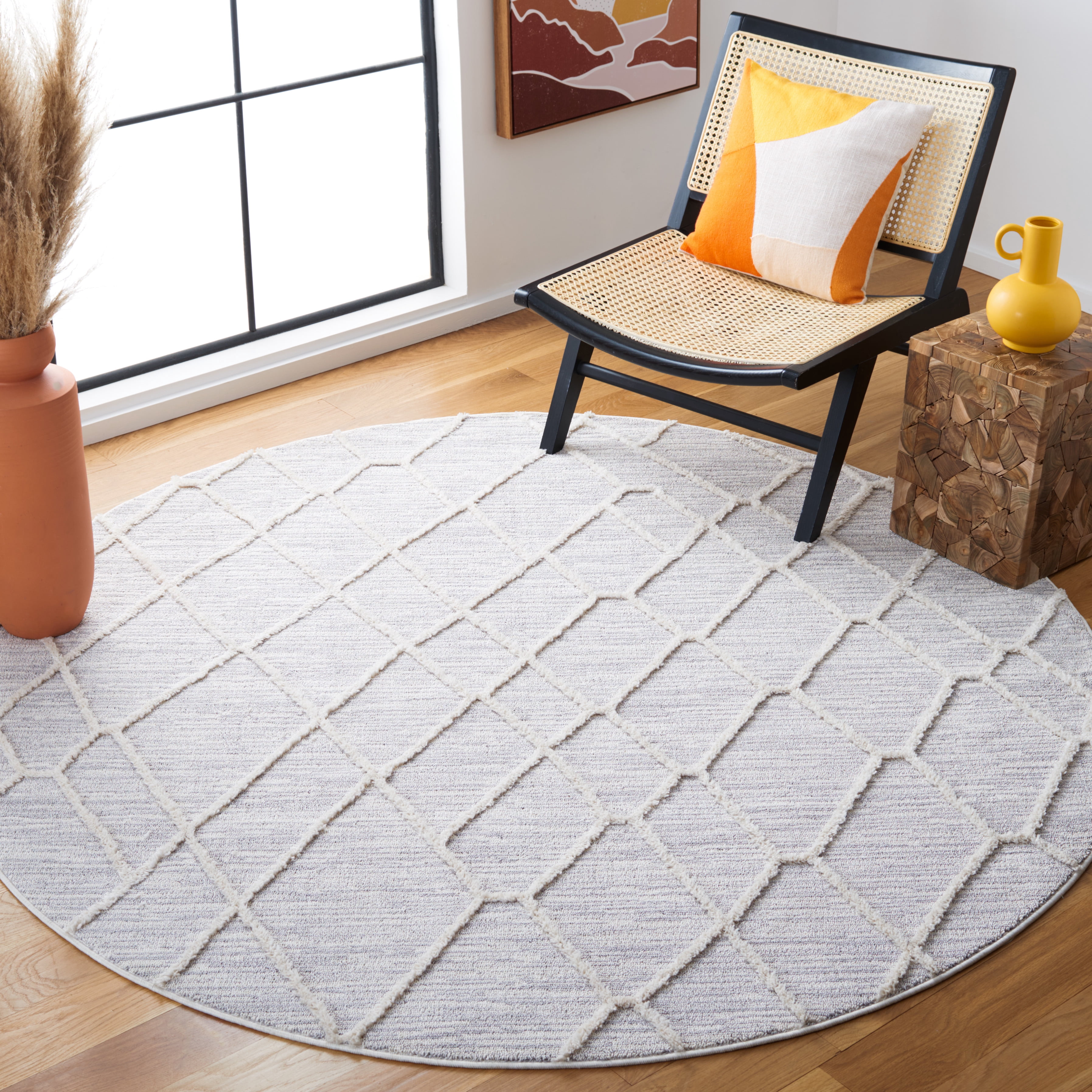 SAFAVIEH Marrakesh Erykah Geometric Polyester Area Rug, Ivory/Grey, 6'7" x 6'7" Round