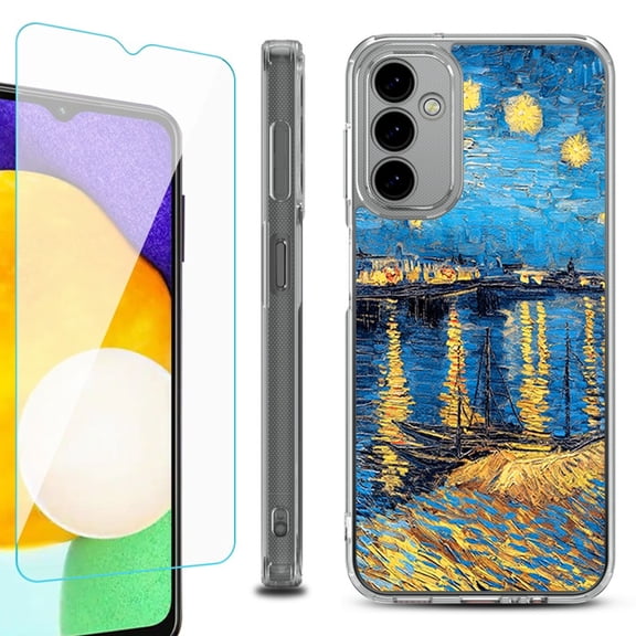 Shockproof Bumper Phone Case for Samsung Galaxy A14 5G, with Tempered Glass Screen Protector, by OneToughShield ® - Starry Night Rhone