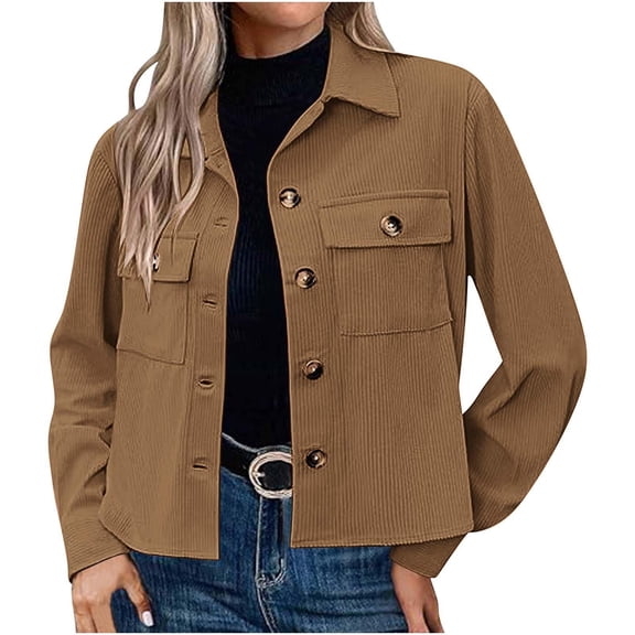 Womens Fashion Cropped Shackets Corduroy Button Down Crop Jackets Tops Long Sleeve Blazer Suit CoatTrendy 2026