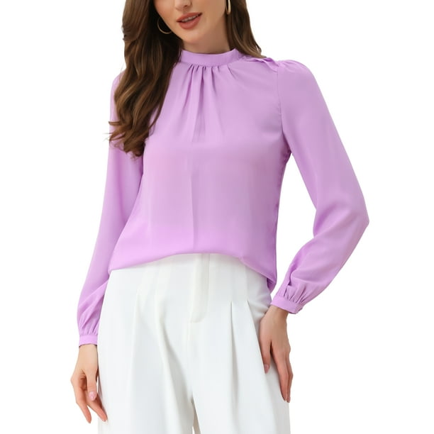 CAMISA DE CHIFFON INSPIRADA CHIC PARA MUJERES, OFICINA, CUELLO ALTO, MANGA LARGA, BLUSA S PÚRPURA