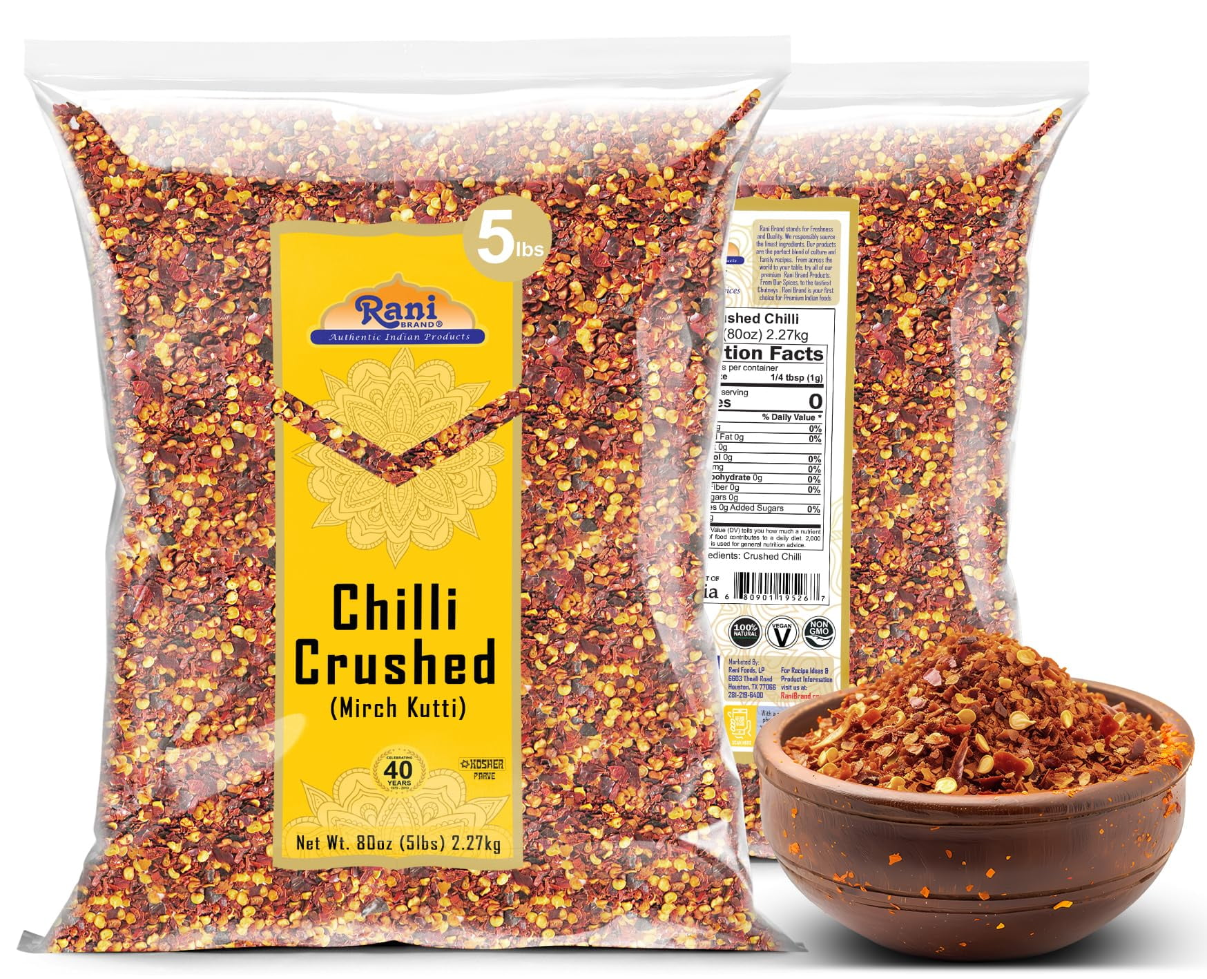 Rani Crushed Red Pepper Flakes Chilli (Pizza Type Cut) 80oz (5lbs) 2.27kg Bulk ~ All Natural, No Color added, Gluten Friendly | Vegan | NON-GMO | Kosher | No Salt or fillers