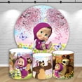 thumbnail image 2 of Fondo de niña Masha y el oso rosa con decoración redonda, fondo para fiesta de cumpleaños de niña Sakura con pedestal y cubierta de anillo, pancarta elástica, 2 of 4
