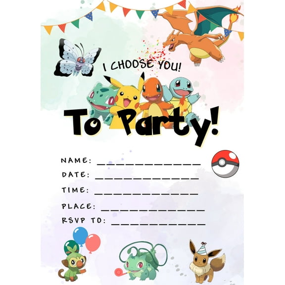 Gotta Catch 'Em All: Anime Birthday Party Invitations (Set of 20 with Envelopes) anime cartoon birthday invitation card boy girl age 4 5 6 7 8 9 10 11 12 13 14 party invitations