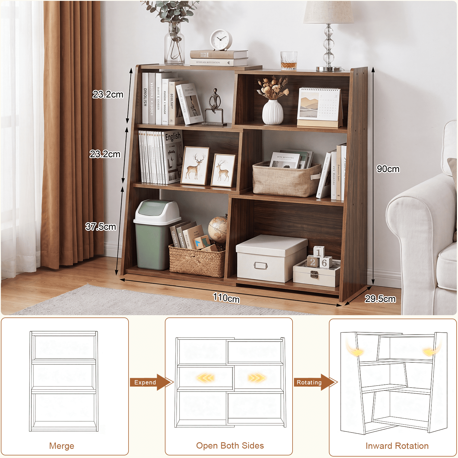 Wooden Extendable Bookshelf, 3-in-1 Convertible Bookcase for Small Space, 3-Tier Ladder Book Shelf for Living Room, Study, Bedroom, Walnut