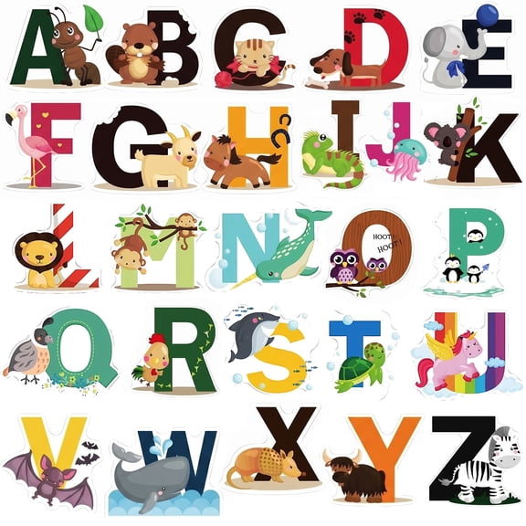 Animal Alphabet Kids Wall Decals, Peel & Stick Educational Baby Stickers, Playroom Classroom Decoration with Colorful Letters and Animals