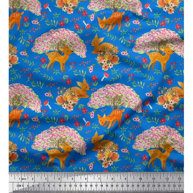 Soimoi Viscose Chiffon Fabric Tree,Floral & Deer Animal Printed Fabric 1 Yard 42 Inch Wide