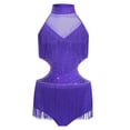 thumbnail image 3 of Jhaoyu Robe de Danse Latine pour Filles avec Strass, Franges, Justaucorps Sans Dos, Violet 16, 3 of 7