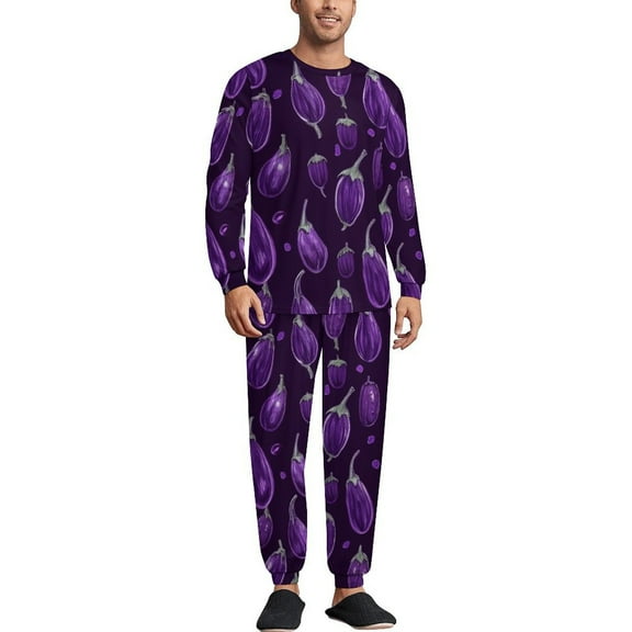 Dark Eggplant Pattern Men's Pajama Set Sleepwear Pjs Lightweight Long Sleeve Crewneck Shirts and Bottoms Soft Comfy Sleep Sets XS