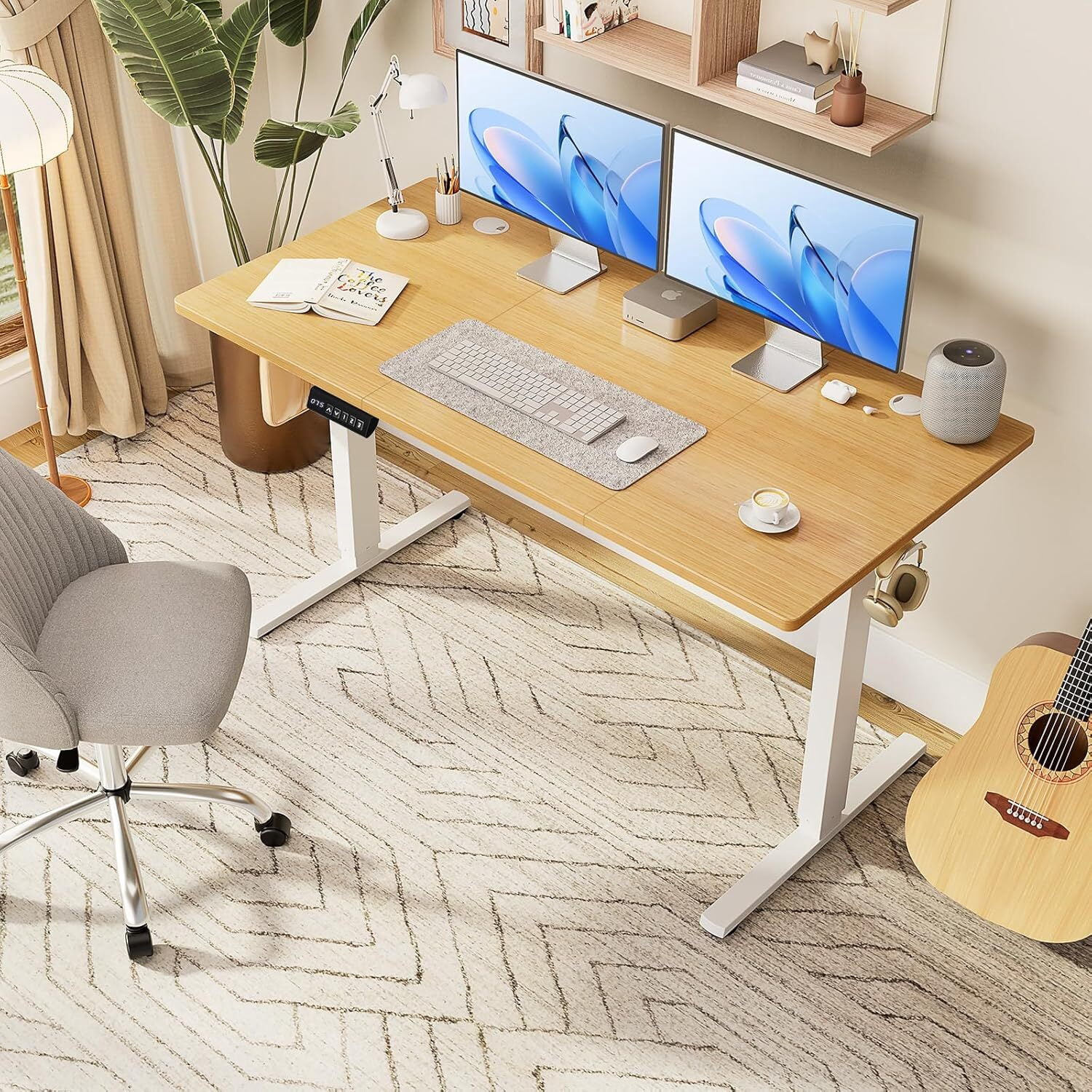 AENKYO Electric Height Adjustable Standing Desk with T-Shaped Metal Frame, Ergonomic Home Office Workstation for Computer, Modern Sit to Stand Desk，Yellow