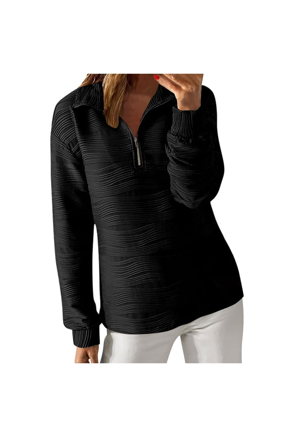 Women's Casual Half Zip Shirts Long Sleeve Pullover Shirts Solid Color Textured Tunic Tops Fall Quarter Zip Sweatshirts M