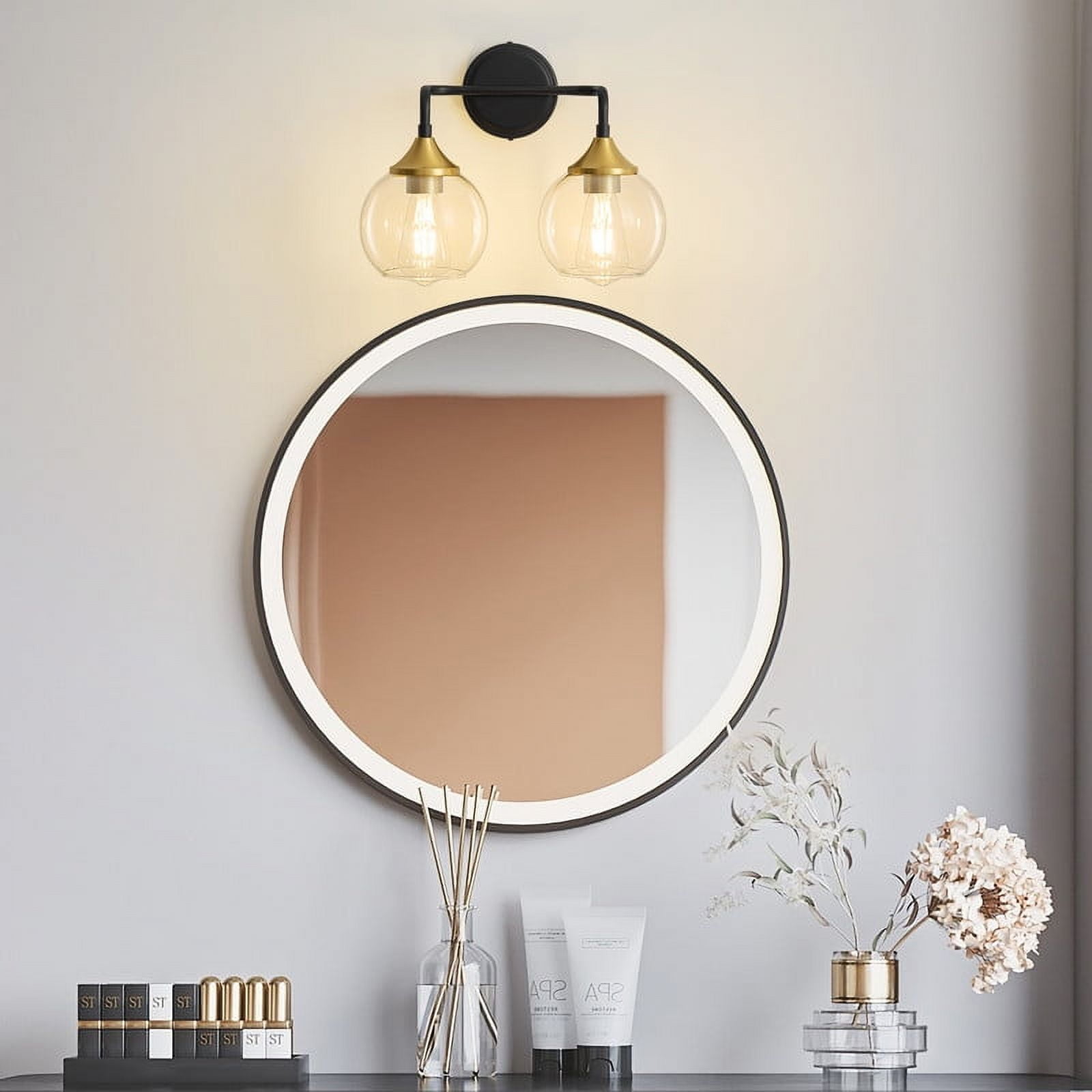 Bathroom Vanity Light with Clear Glass Shade, E26 Base, Bathroom Light Fixtures Over Mirror, Vanity Lights for Bathroom (Exclude E26 Bulb) - Black and Gold, 2-Lights