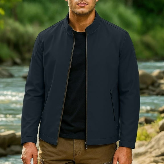 COSFO Blue Jacket for Men Casual Full Zip Lightweight Coat Slim Fit with Pockets Long Sleeve Stand Colla Mens Winter Coats