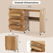 Costway Folding Sewing Machine Table Lockable Casters Rack with 3 Storage Bins & Power Outlets Natural
