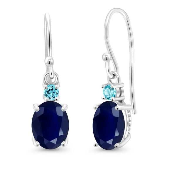 Gem Stone King 10K White Gold Blue Sapphire and Swiss Blue Topaz Dangle Earrings for Women (3.74 Cttw, Gemstone Birthstone, Oval 8x6mm)