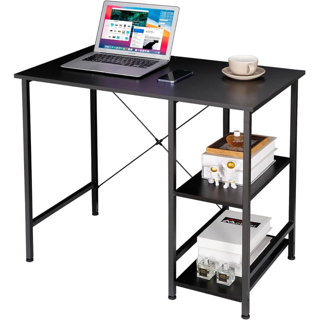Escritorio pequeño para computadora con estante de almacenamiento debajo del escritorio, reversible, escritorio de oficina en casa de 36 pulgadas con estante, adecuado para lugares pequeños, negro