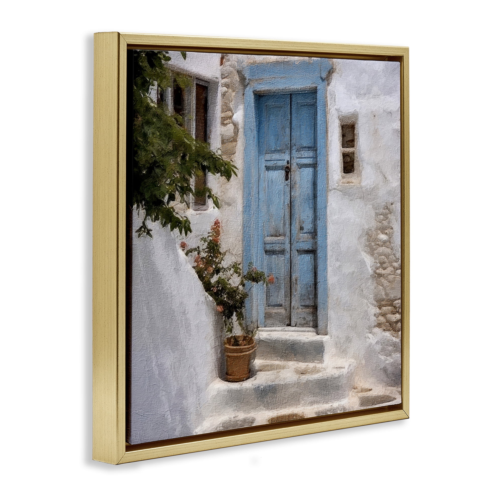 Stupell Industries Blue Greek Door Town & City Painting Gold Floater Framed Canvas Art Print Wall Art, 25 x 25