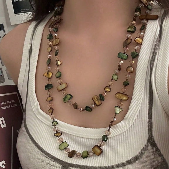 RUNDRAW Irregular Natural Stone Layered Long Beaded Necklace Bohemian Multicolor Gemstone Strand Necklace for Women