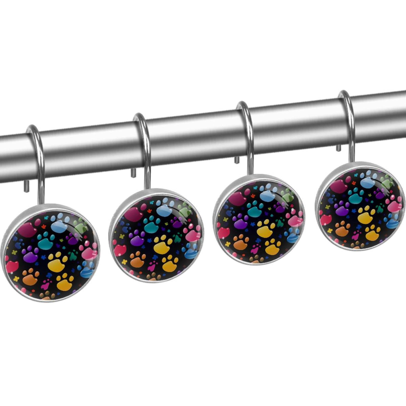 Colorful Paw Footprints Shower Curtain Hooks Round Crystal Glass, Set of 12 Shower Curtain Rings - Shower Hooks for Curtain Shower Rings