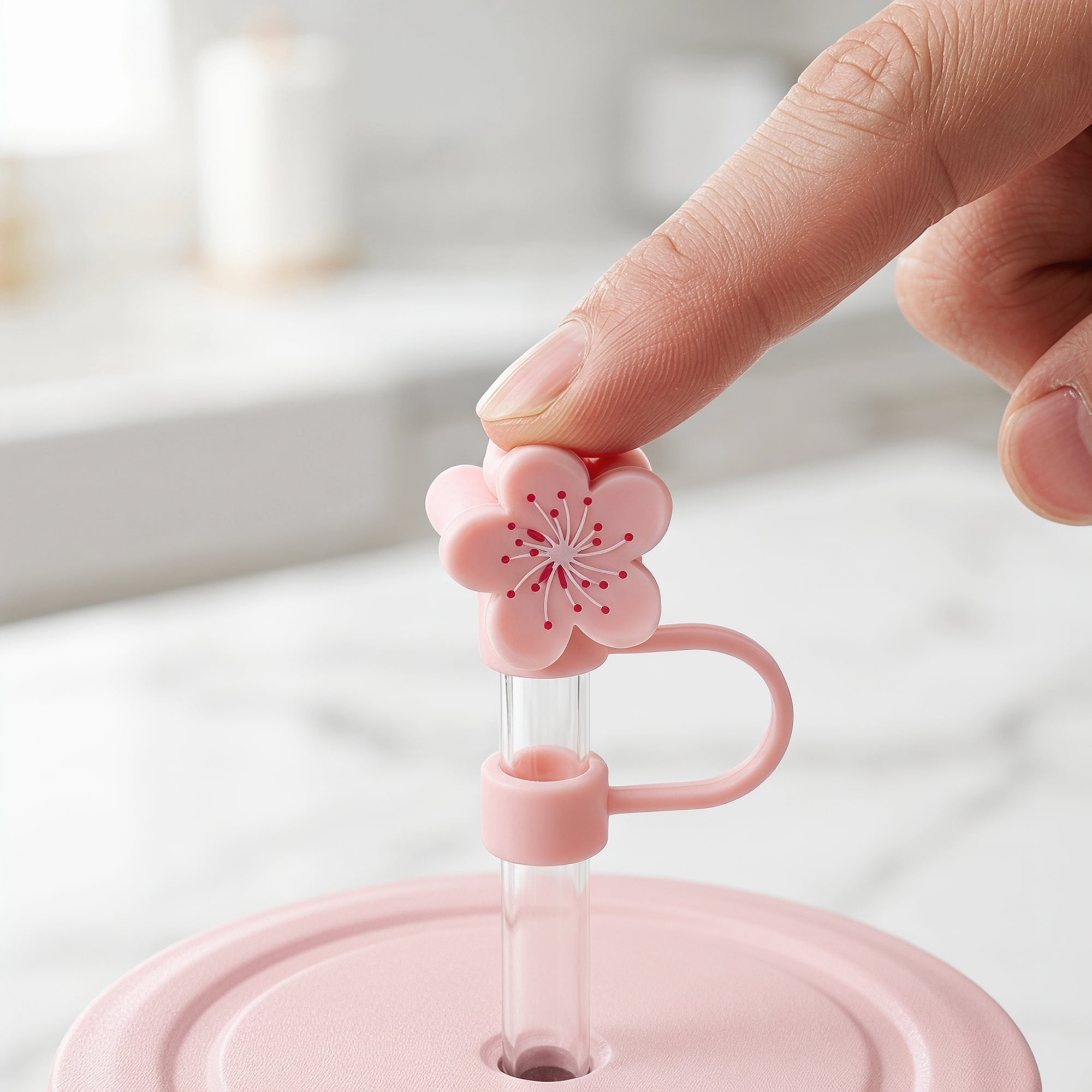 Unique Bargains Floral Silicone Straw Caps Reusable Dust-Proof Toppers Pink D