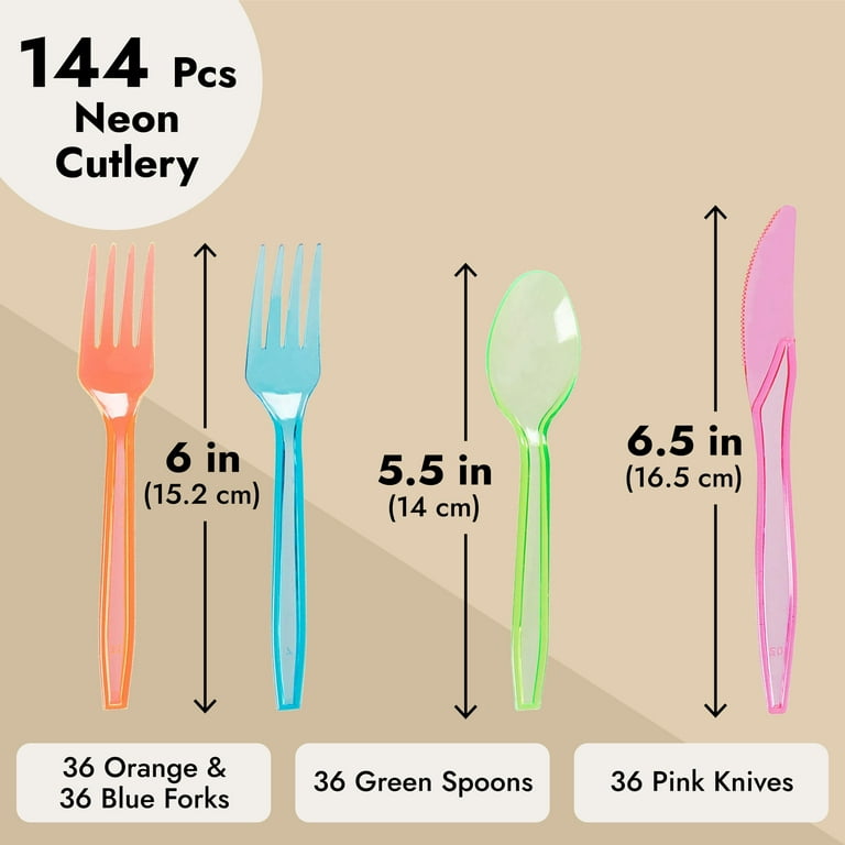 Rainbow Plastic Silverware Set, Neon Forks, Knives, and Spoons (144 Pieces)