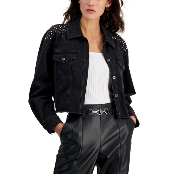 Women's Embellished Denim Trucker Jacket Deep Black Wash XXL