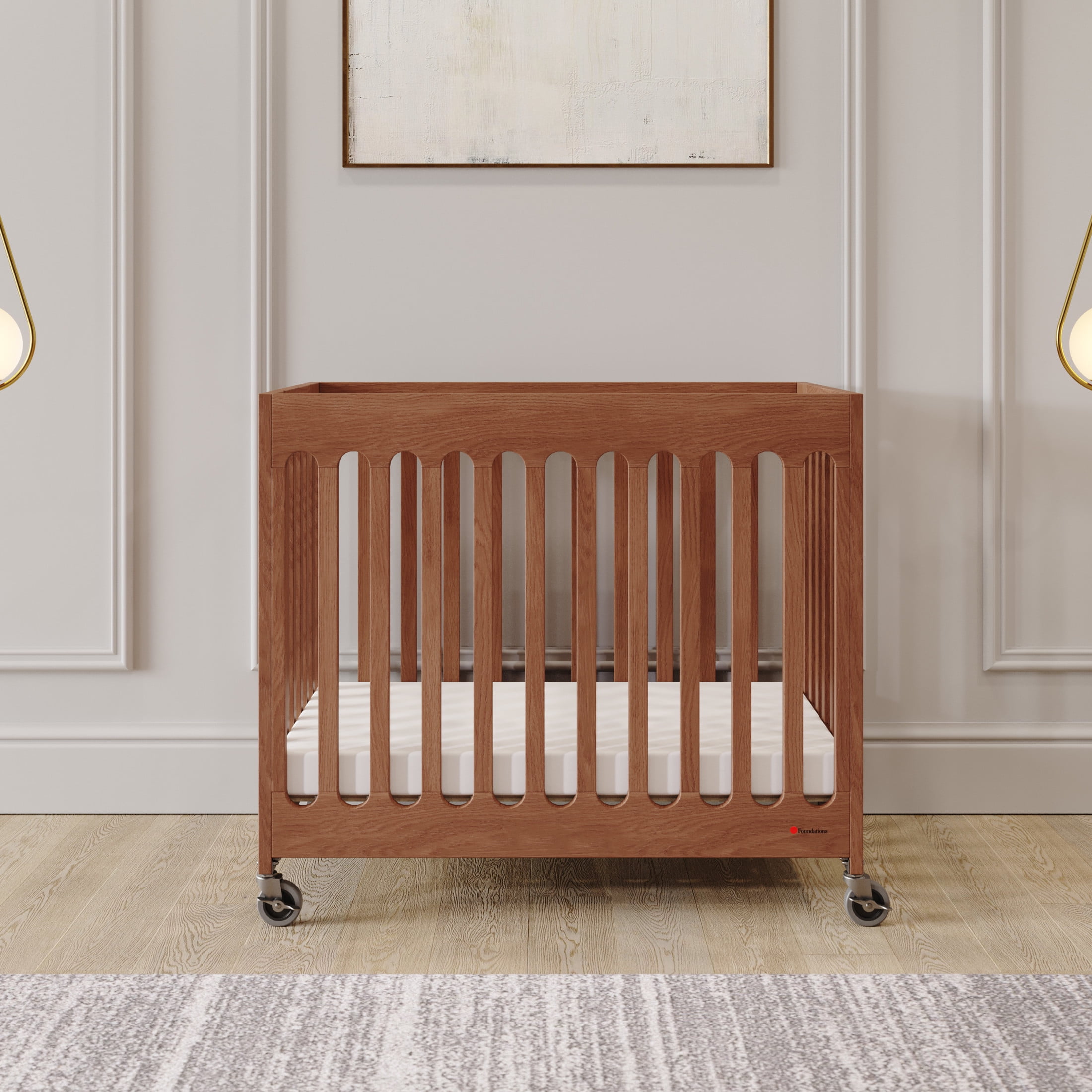 Foundations Boutique Folding Hotel Crib and Sheet Bundle - Includes Wooden Mini Crib with 3" Foam Mattress (Cherry) and 6-Pack White Fitted Compact Crib Sheets
