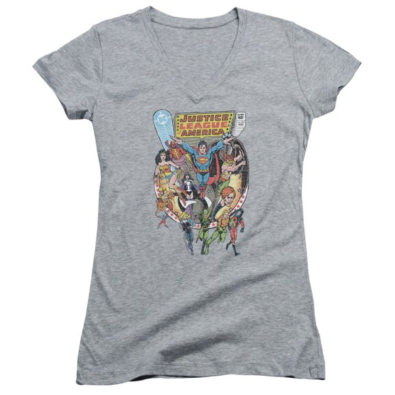 JLA Justice League Team Up Junior Women's T-Shirt V-Neck Athletic Heather