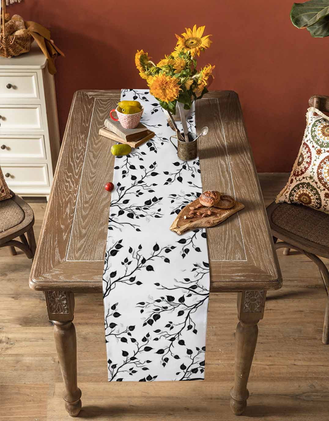 Black White Leaves Table Runner Minimalist Natural Trees Watercolor Tablerunners 13 x 90 Inch, Table Decorations Tabletop Scarf for Summer Gathering Holiday Farmhouse Kitchen Dining Decor