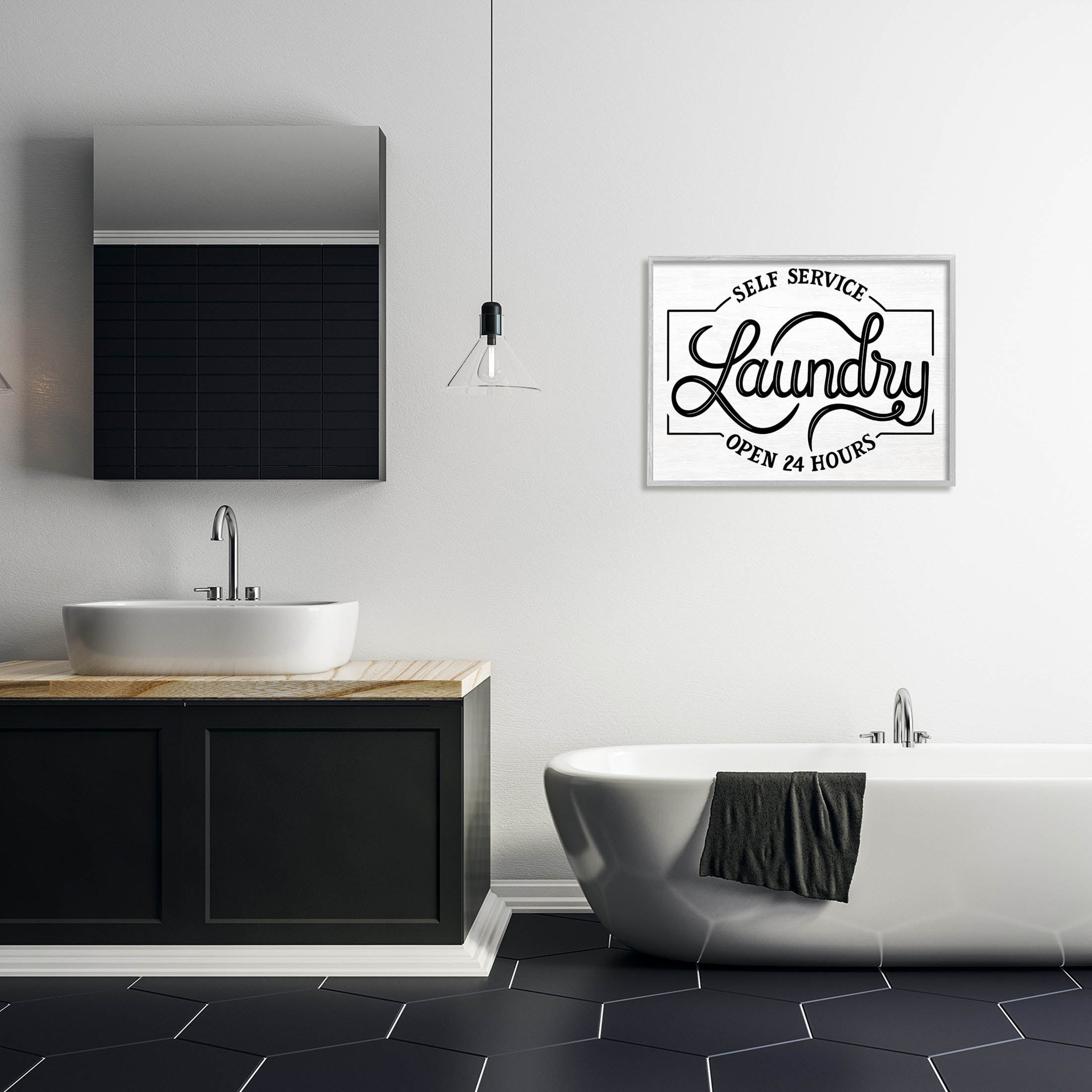 Self Service Laundry Open Sign Typography Graphic Art Gray Framed Art Print Wall Art