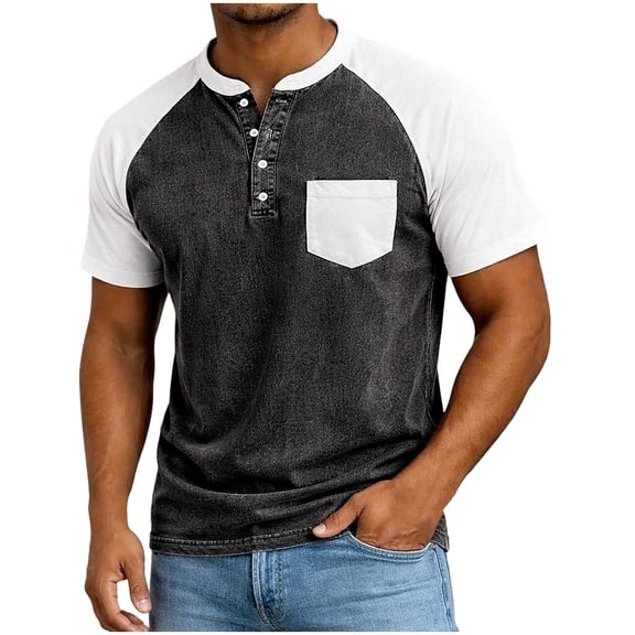 SAWOBUUN Men's Henley Shirt Short Sleeve Color Block Raglan Sleeve Button Down Top Casual Slim Fit T-Shirt with Chest Pocket