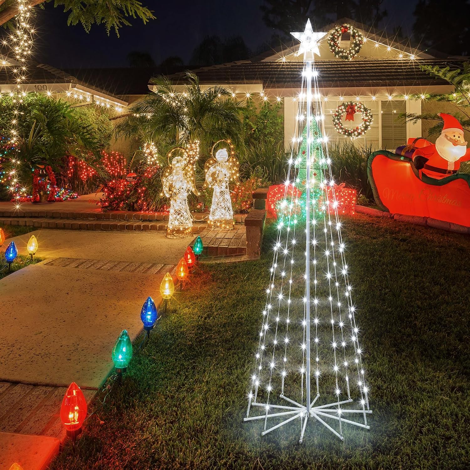 3FT 4FT 5FT Three Piece Set Non Remote Colorful Plug In Cone Tree Lights Ideal for Holiday Decorations Indoor Outdoor Use