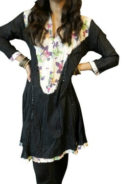 Women Tunic Blouse,button Front Black White Floral Printed Tunic Summer Cotton Boho Ethnic Kurti M