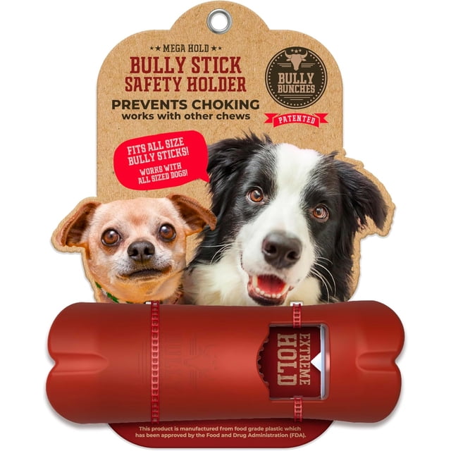 Bully Bunches Mega Hold Anti Choking Bully Stick Safety Holder for Dogs, featuring a durable red design that securely holds bully sticks and other chews up to 1.5 inches in diameter. This pet safety equipment prevents choking, lengthens chew time, and fits all sizes of bully sticks. Packaging emphasizes 'Extreme Hold' and 'Prevents Choking,' with images of two dogs in the background.