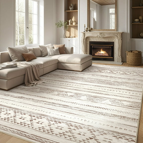 Toyoso 5x7 Area Rug Living Room Rugs - Washable Large Soft Boho Neutral Geometric Moroccan Modern Rug for Bedroom Dining Room Home Office Non Slip Low Pile Farmhouse Carpet Indoor - Brown