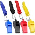 thumbnail image 1 of 4 Packs Plastic Whistles With Lanyard Set For Coach Referee Sports Match Survival Emergency 4 Colors Black Blue Yellow Red, 1 of 5