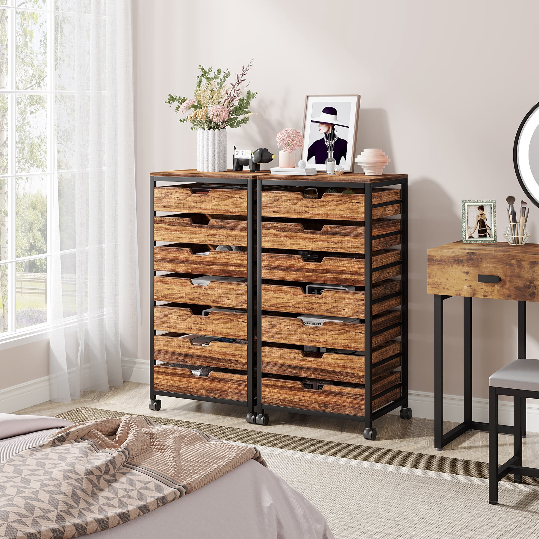 Tribesigns Industrial 7-Drawer Chest Dresser with Wheels Storage Wood Organizer Cart for Entryway