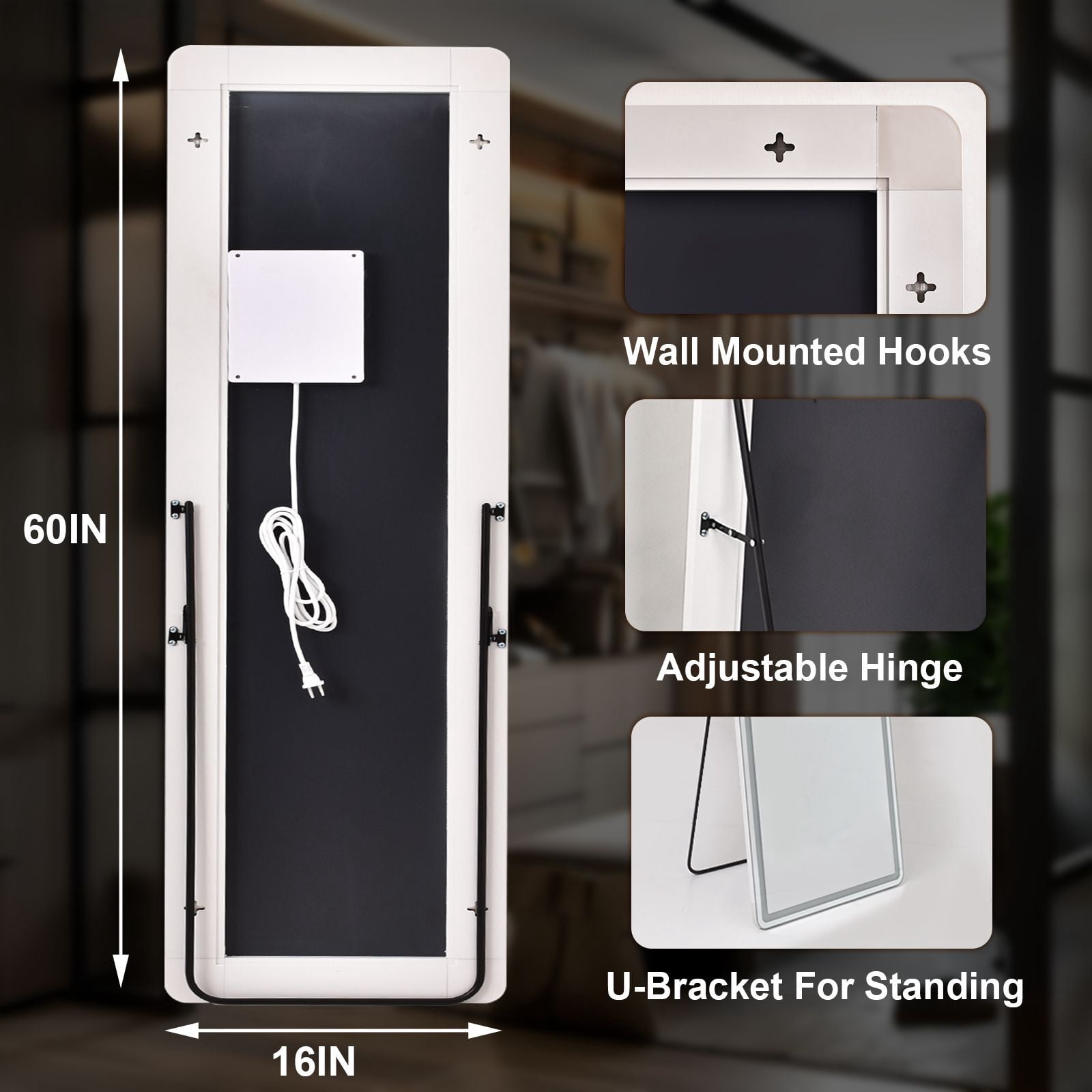 Easy4Home 60" x 16" LED Rectangular Full Length Mirror with Adjustable Lights Standing Mirror Wall Mounted, White