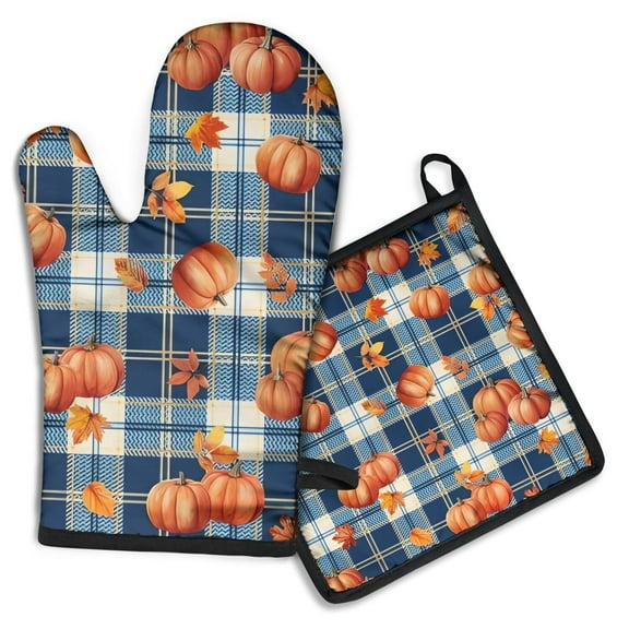 Fall Pumpkins and Leaves on Plaid Background Kitchen Oven Mitt and Pot Holder Sets 2 Pcs for Baking, Cooking and Grilling, Heat Resistant Up To 392 °F