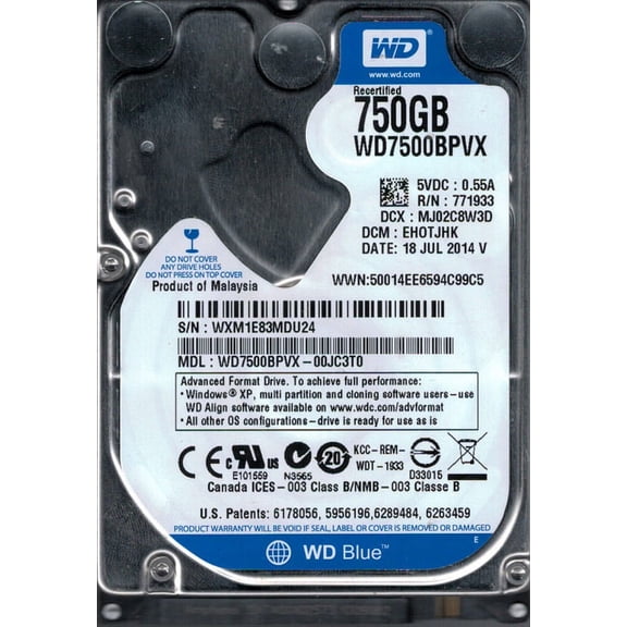 WD7500BPVX-00JC3T0 DCM: EHOTJHK WXM1E Western Digital 750GB