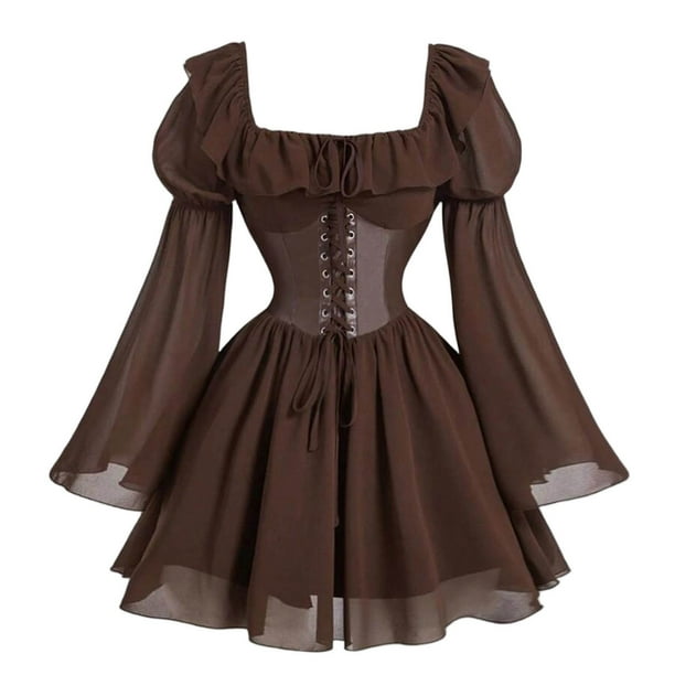 mfyjkho Vestidos para mujer, Vestido de gasa de manga larga con volantes y mangas acampanadas para mujer Vestidos maxi para mujer m