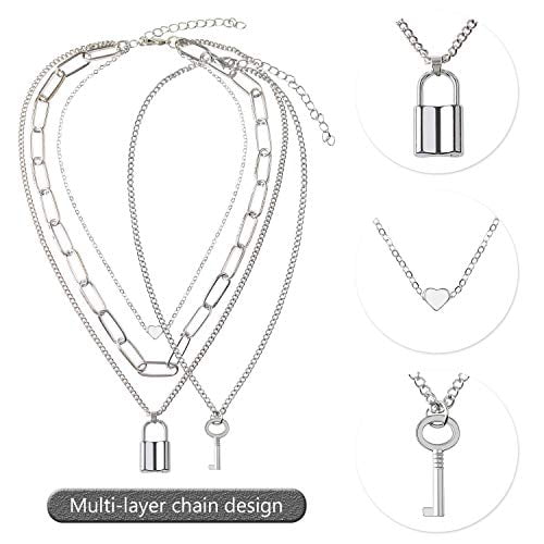 BVROSKI Chains Necklace for Eboy Egirl Men Male Emo Goth Women Teen Girls Boys,2 Layered Lock Key Pendants Necklaces Set,Stainless Steel Jewelry Pack for Pants Punk Play 