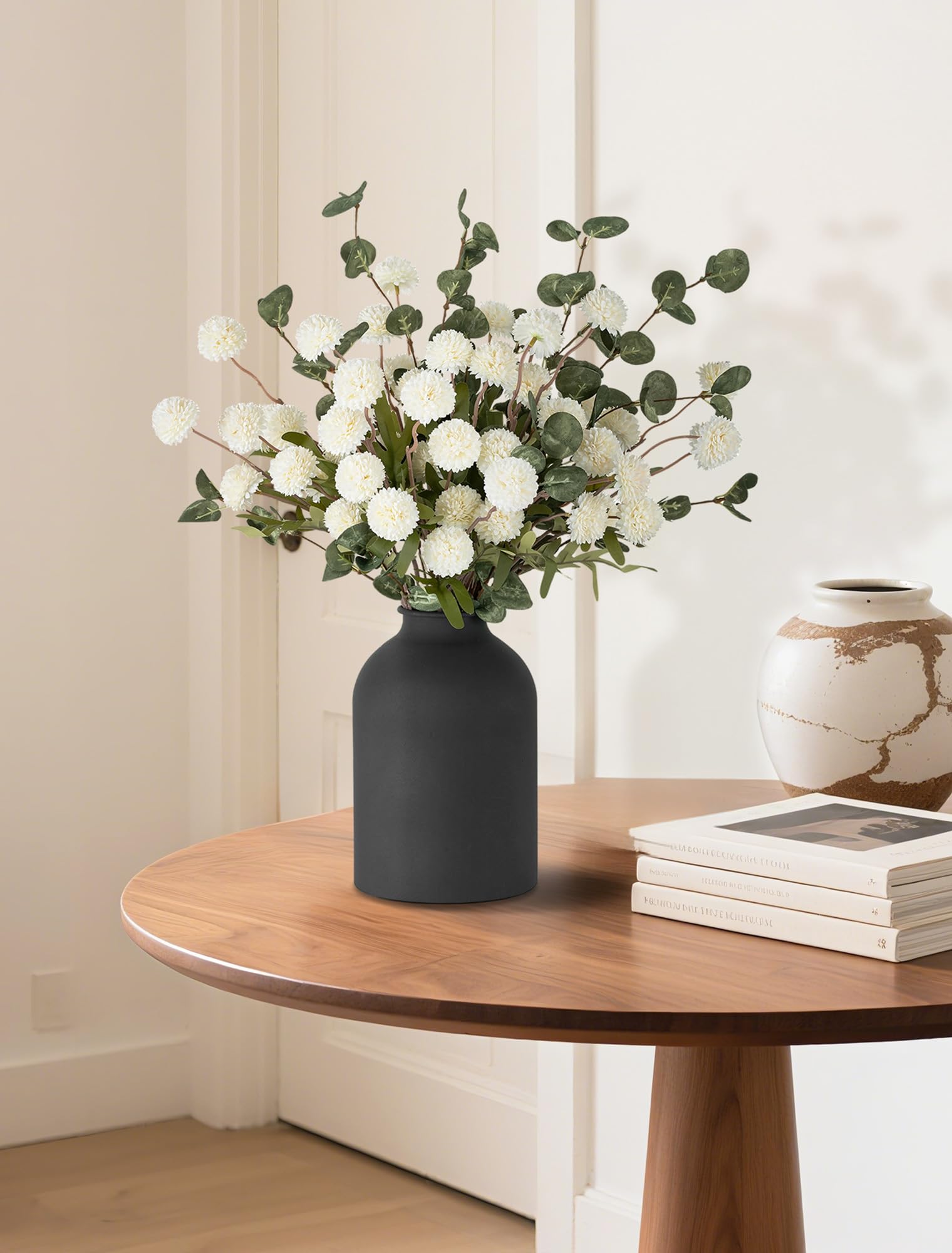 Nuptio Fake Flowers in Vase for Centerpieces: Metal Vase with 12 Stems of Artificial Mums Kiku Flowers Eucalyptuses Home Table Decor - White Faux Pom Poms Floral Arrangements for Living Room