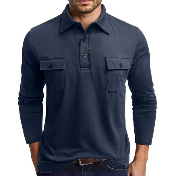 KKBOTIVE Long Sleeve Polo Shirts for Men Casual Collared Polo Shirt Cozy Pullover Fashion Fall Spring Clothes Mens Apparel ( Navy Size: L )