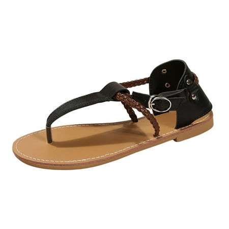 OJSFQUFP Womens Summer Slippers Ladies Fashion Summer Solid Leather Clamping Toe Flat Bottom Sandals Soft Sole Outdoor Beach Shoes Slippers for Women Indoor and Outdoor Black 41