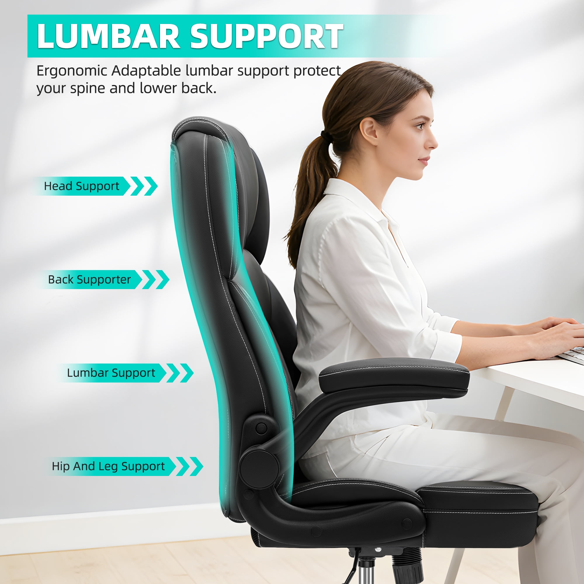 COOLHUT Bige and Tall Executive Office Chair 400lbs, Ergonomic PU Leather Computer Desk Chair with Flip-Up Armrests, Comfy Heavy Duty Office Chair for Home Office Gaming, Black